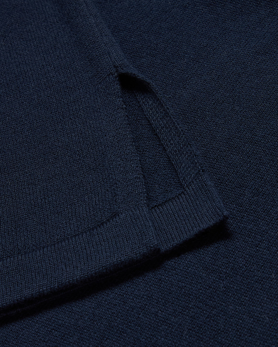 View of model wearing Navy Blazer Sweater Polo, Relaxed Fit.