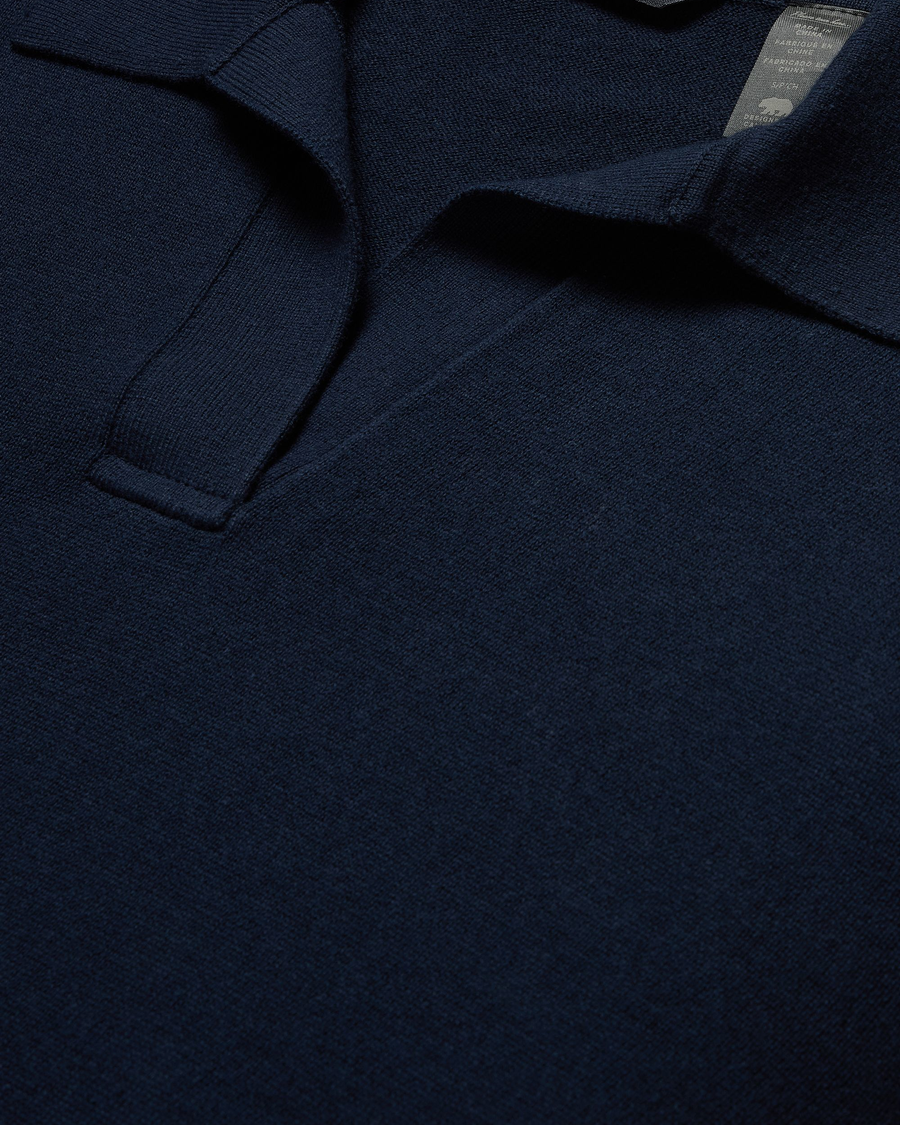 View of model wearing Navy Blazer Sweater Polo, Relaxed Fit.