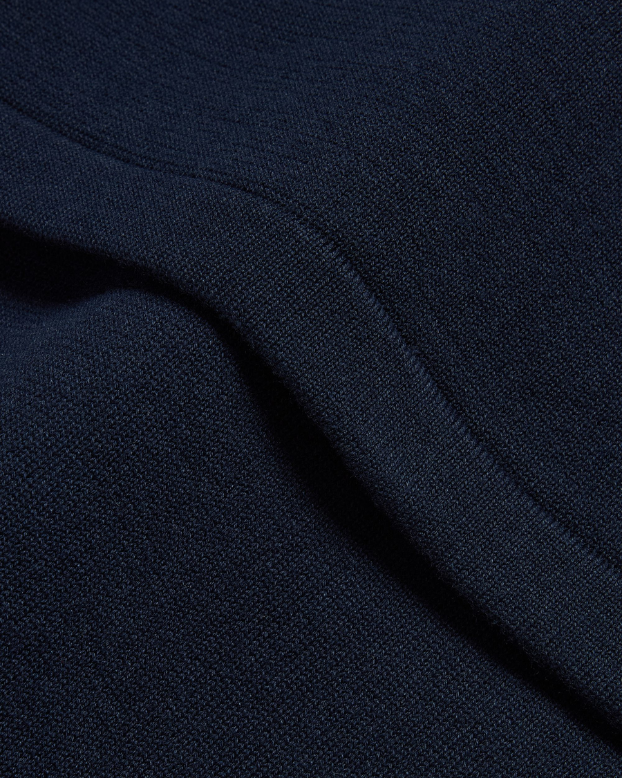 View of model wearing Navy Blazer Sweater Polo, Relaxed Fit.