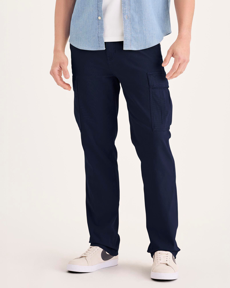 Front view of model wearing Navy Blazer Utility Cargo Pant, Straight Fit.