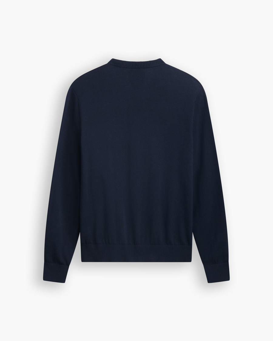 View of model wearing Navy Blazer V Neck Sweater.