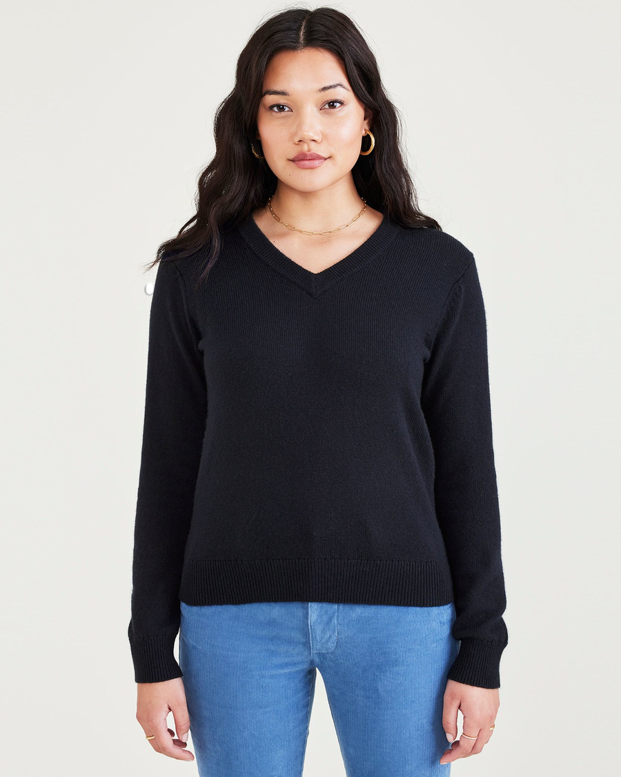 Front view of model wearing Navy Glory Women's Regular Fit V-Neck Sweater.