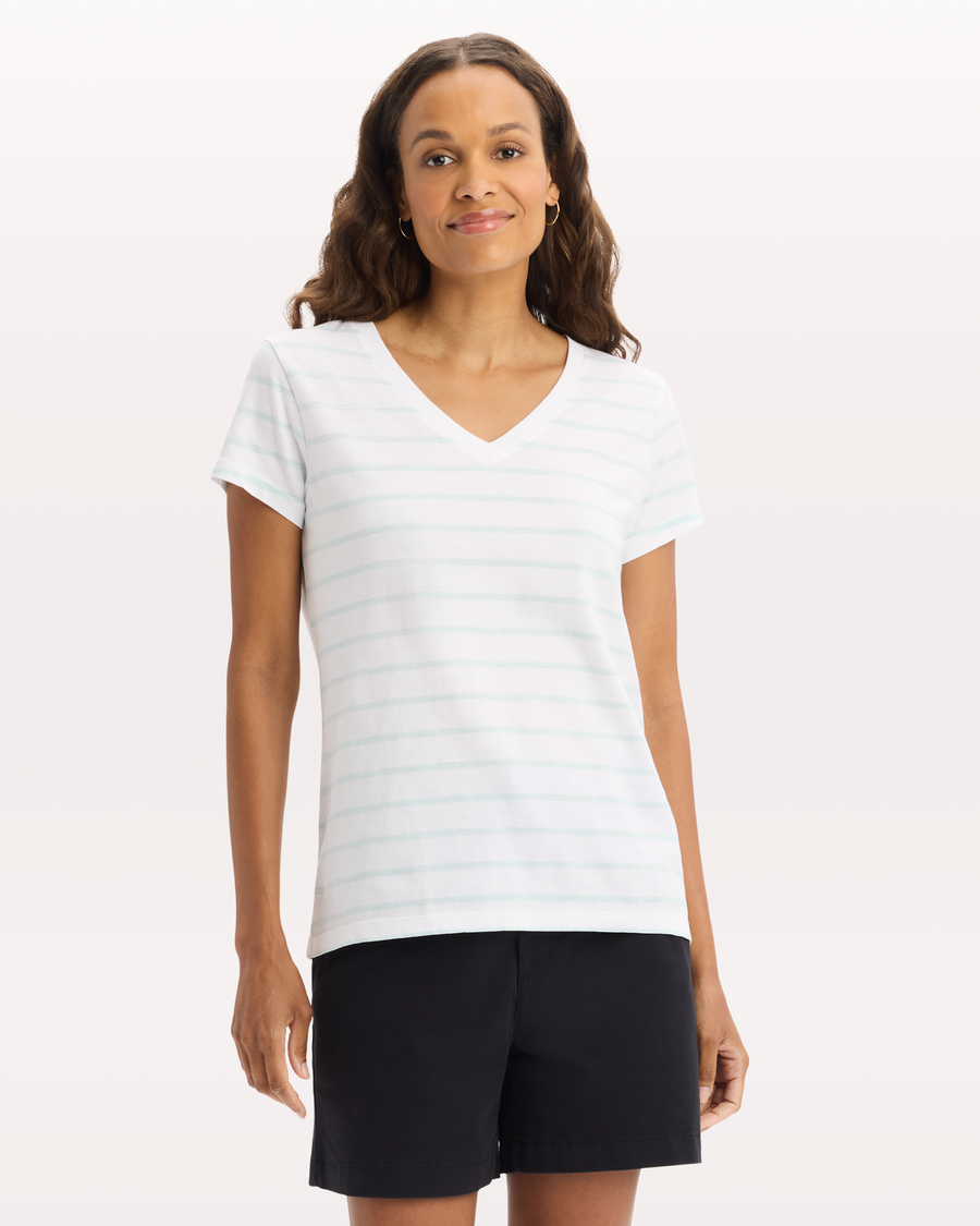 View of model wearing Nevin Pastel Blue Favorite V-Neck Tee Shirt, Slim Fit.