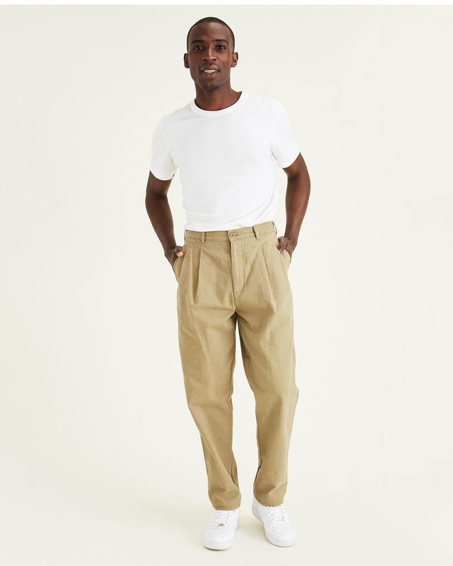 Front view of model wearing New British Khaki Men's Classic Fit Original Khaki.