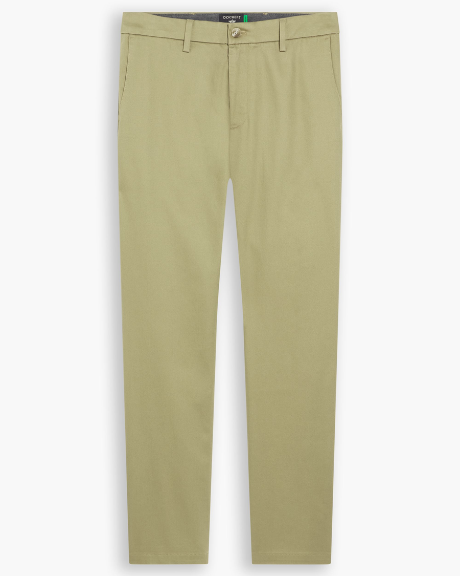 View of model wearing New British Khaki Signature Iron Free Khakis, Skinny Fit with Stain Defender®.