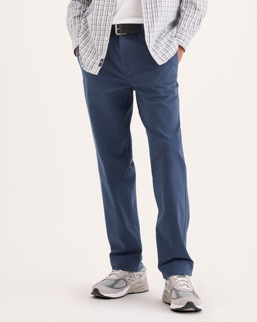 Front view of model wearing Ocean Blue Alpha Chino Pants, Slim Fit.