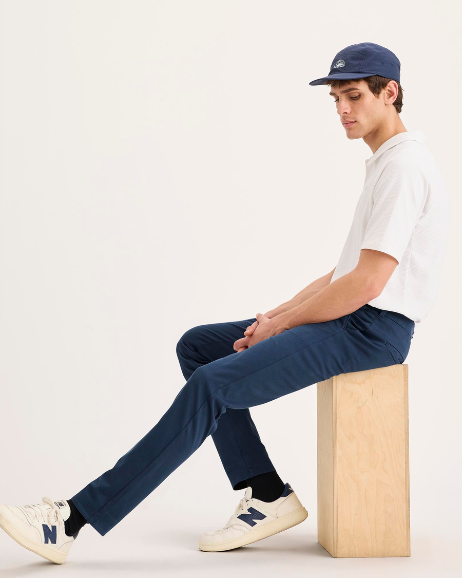 View of model wearing Ocean Blue Go Activeflex Chino, Skinny Fit.