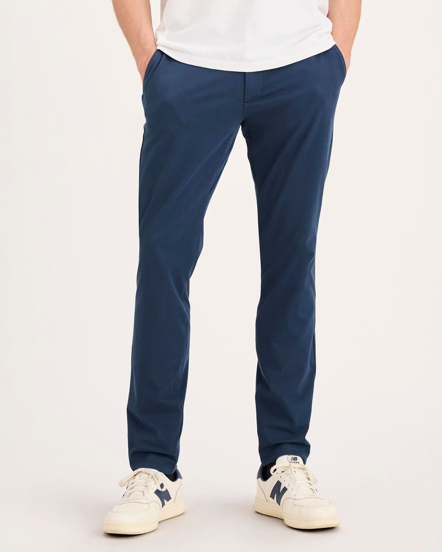 Front view of model wearing Ocean Blue Go Activeflex Chino, Skinny Fit.