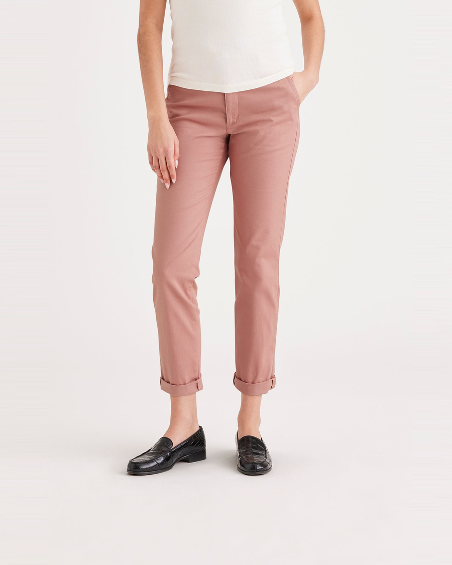 Front view of model wearing Old Rose Women's Slim Fit Weekend Chino Pants.