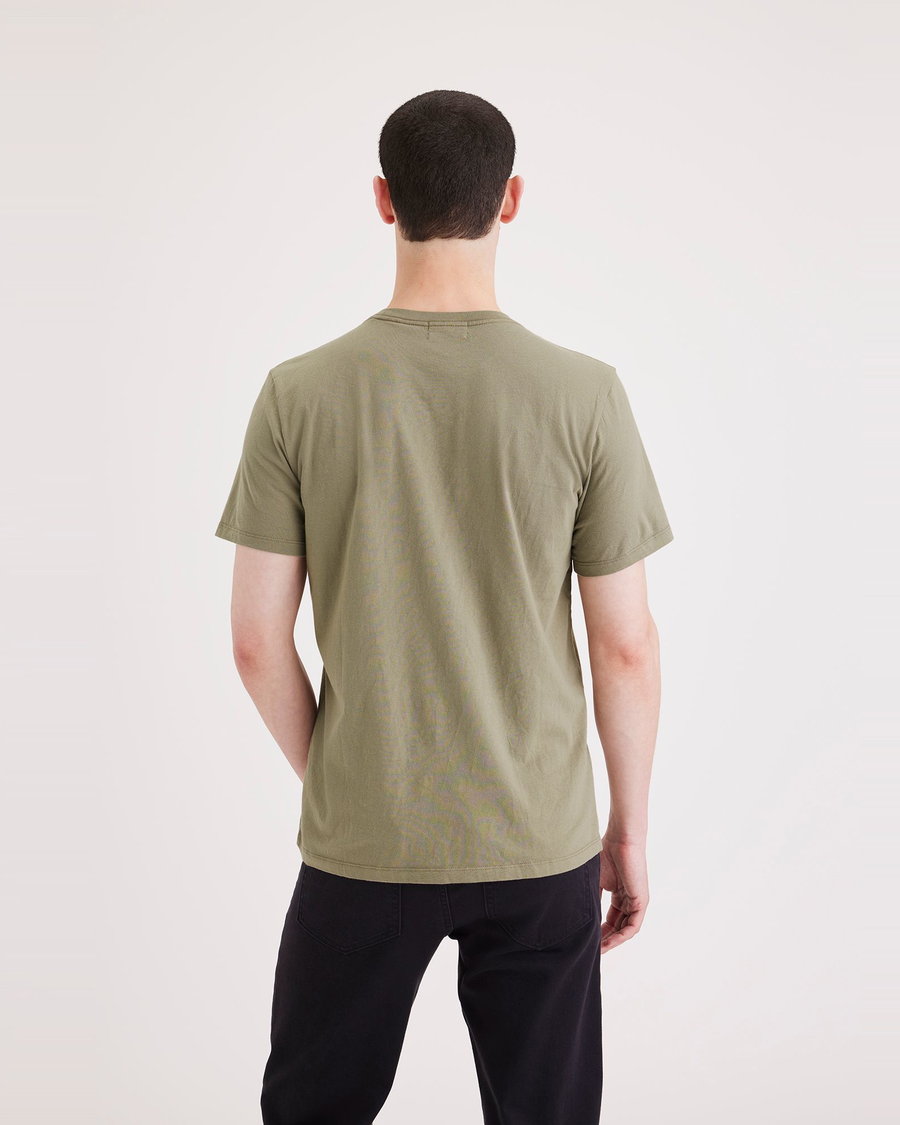 Back view of model wearing Overland Trek Men's Slim Fit Logo Tee.