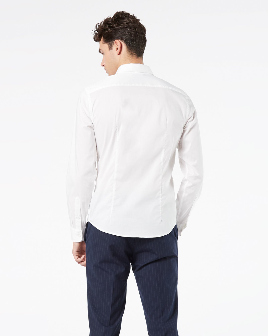 Back view of model wearing Paper White Men's Slim Fit Refined Poplin Shirt.