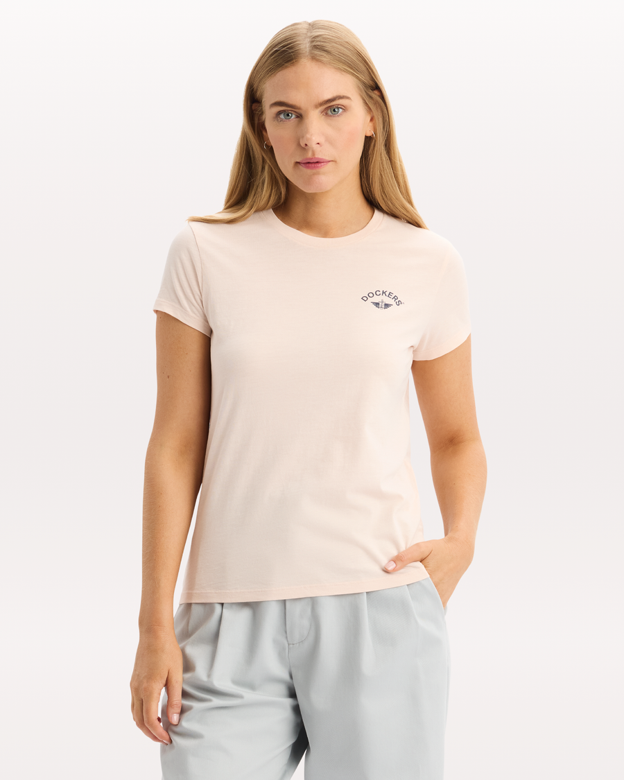 View of model wearing Peach Blush Graphic Tee, Slim Fit.