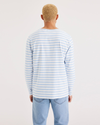 Back view of model wearing Placid Blue Men's Regular Fit Boatneck Shirt.