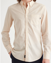 View of model wearing Playoff Appleblossom Men's Slim Fit 2 Button Collar Shirt.