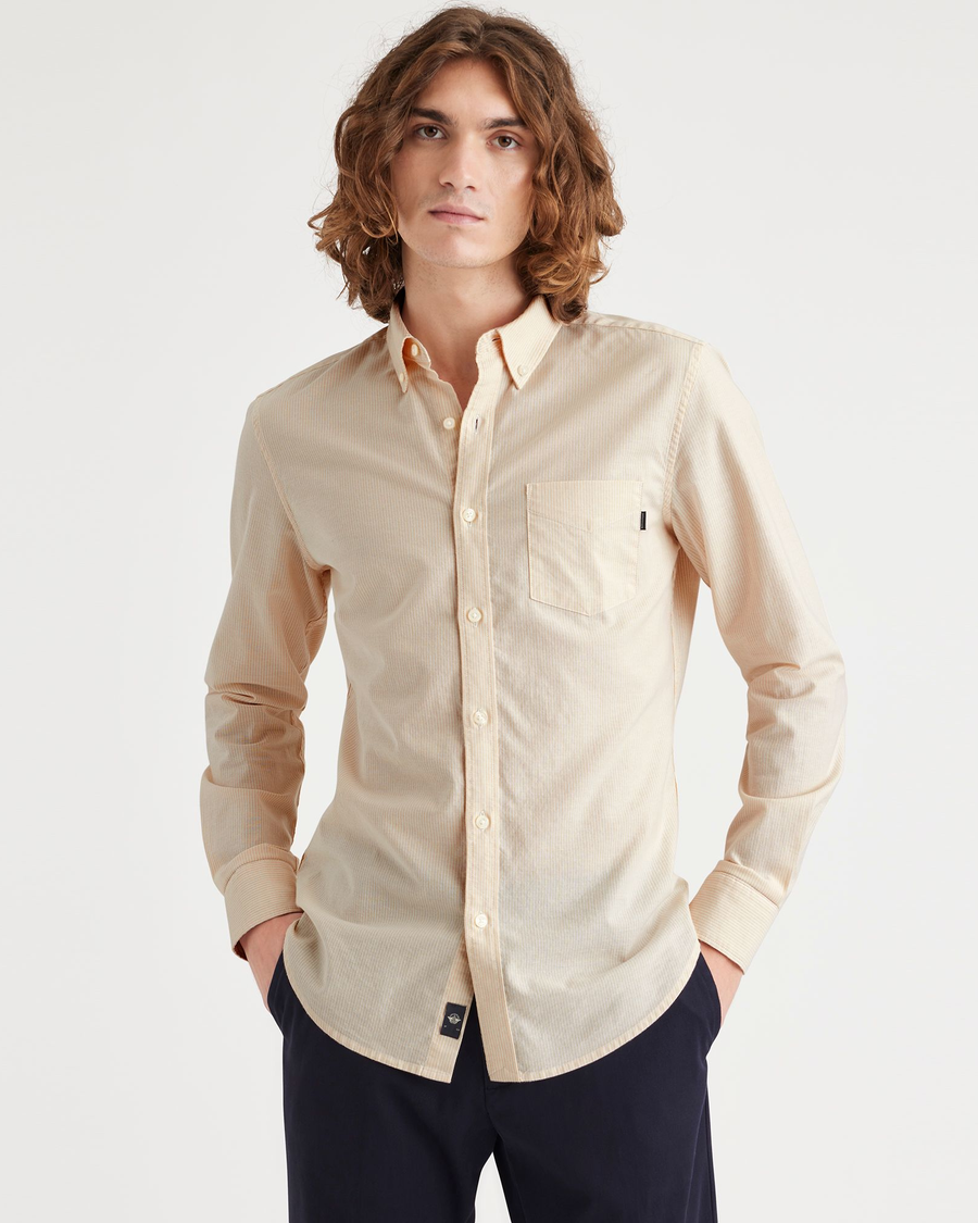 Front view of model wearing Playoff Appleblossom Men's Slim Fit 2 Button Collar Shirt.