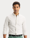 View of model wearing Playoff Tea 2 Button Collar Shirt, Slim Fit.