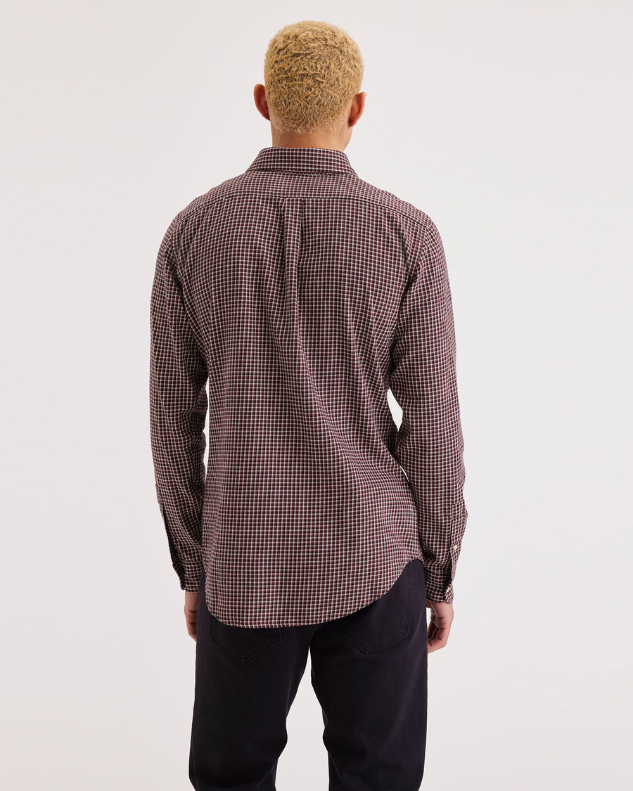 Back view of model wearing Quest Cabernet Men's Slim Fit Icon Button Up Shirt.