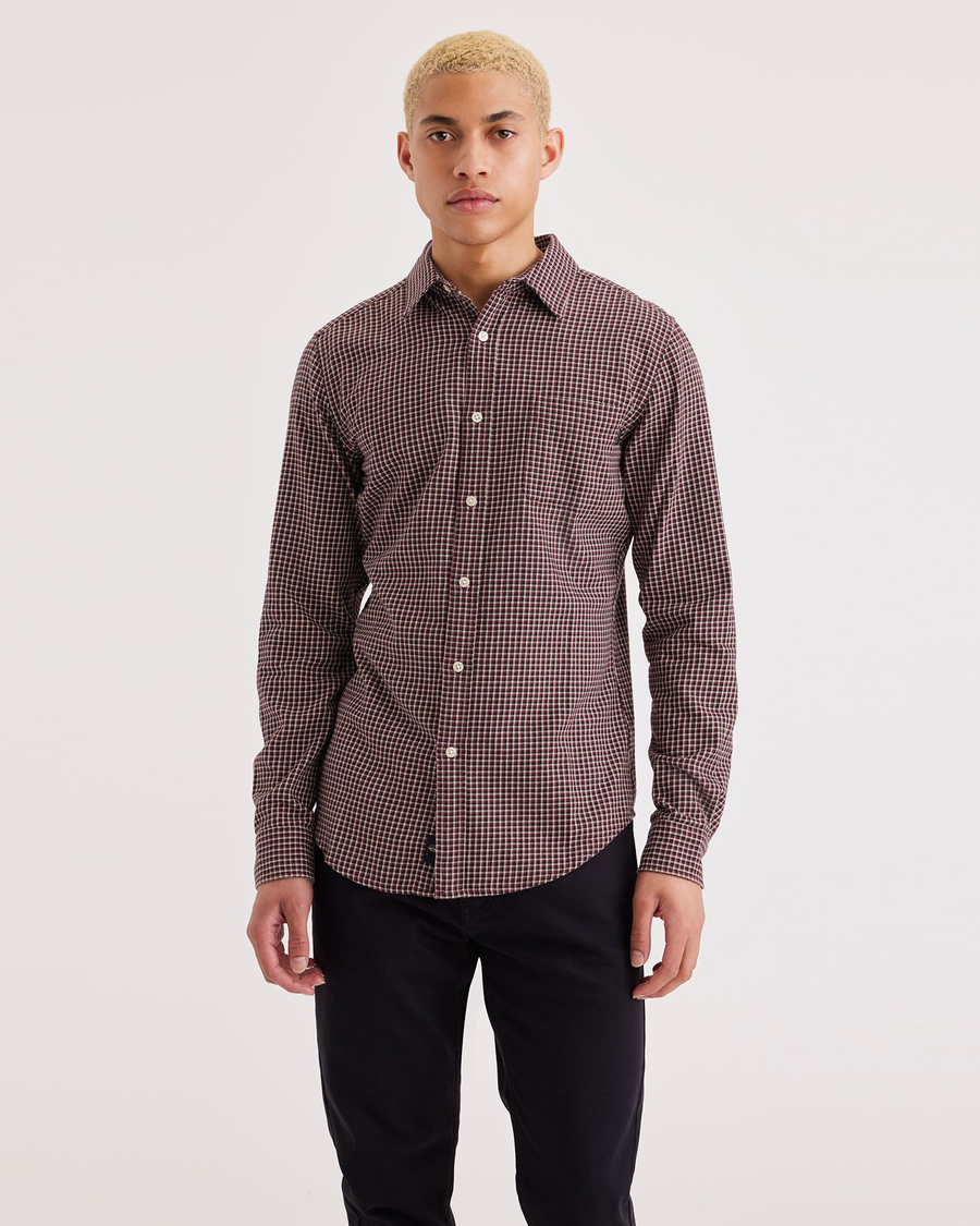 Front view of model wearing Quest Cabernet Men's Slim Fit Icon Button Up Shirt.