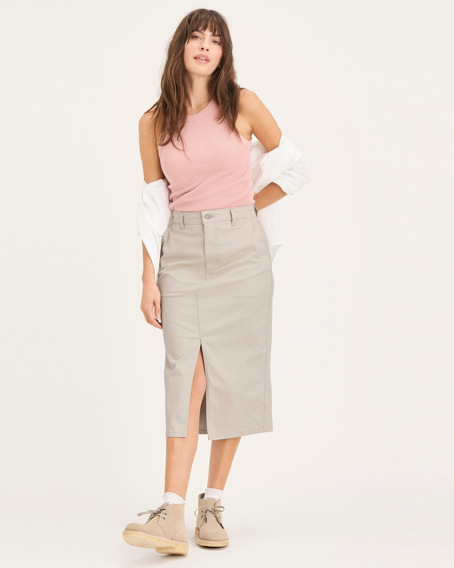 View of model wearing Sahara Khaki Chino Skirt.