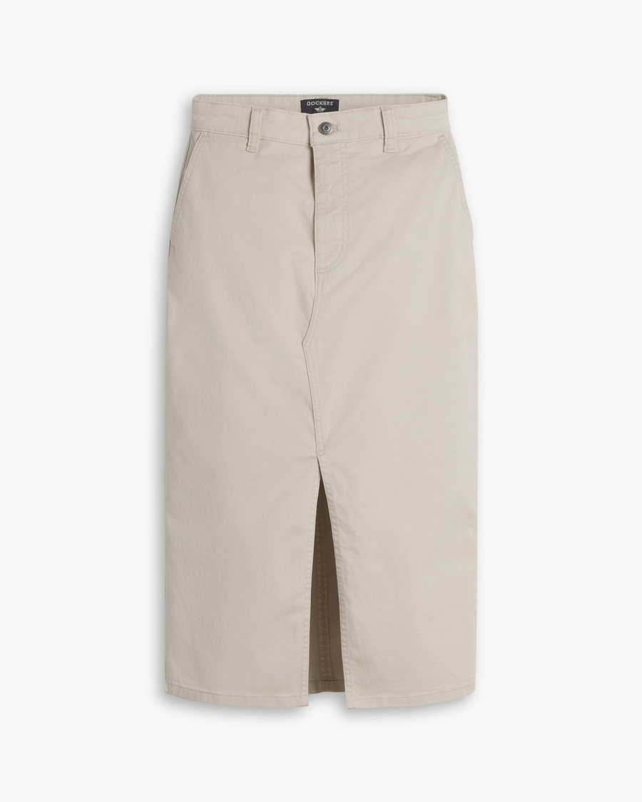 View of model wearing Sahara Khaki Chino Skirt.