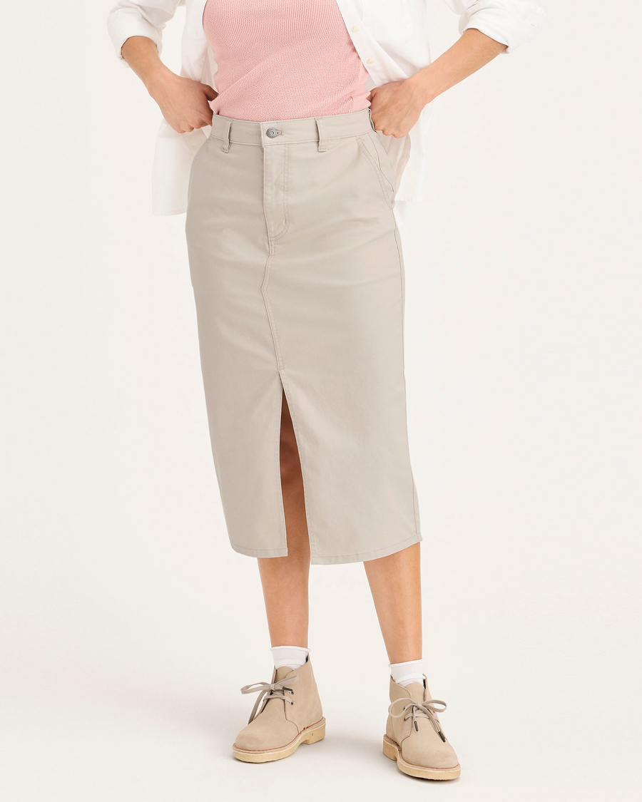 Front view of model wearing Sahara Khaki Chino Skirt.