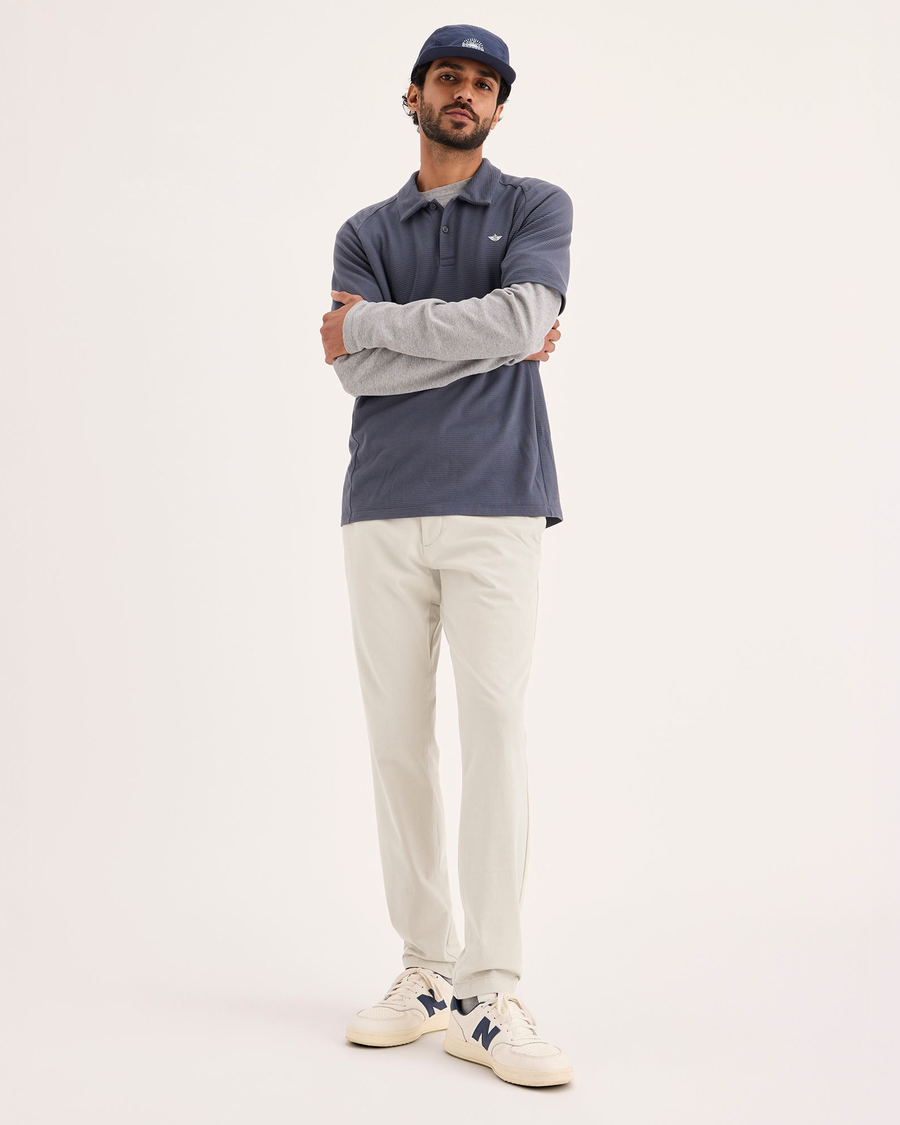 View of model wearing Sahara Khaki Go Activeflex Chino, Skinny Fit.