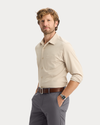 View of model wearing Sahara Khaki Go Shirt Long Sleeve, Regular Fit.