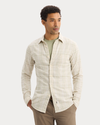 Front view of model wearing Sahara Khaki Icon Button Up Shirt, Slim Fit.
