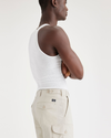 View of model wearing Sahara Khaki Men's Cargo Shorts.