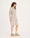 Side view of model wearing Sahara Khaki Midi Shirt Dress, Regular Fit.