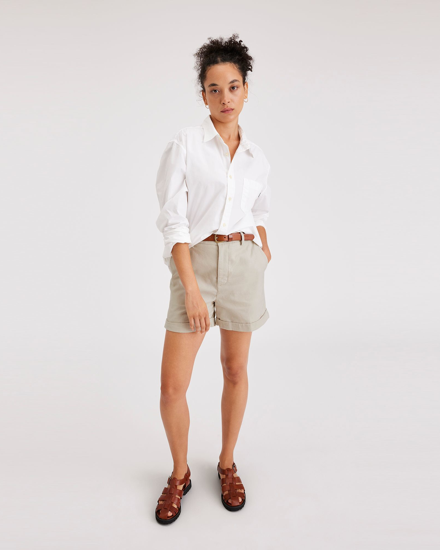 View of model wearing Sahara Khaki Women's Original Chino Shorts.