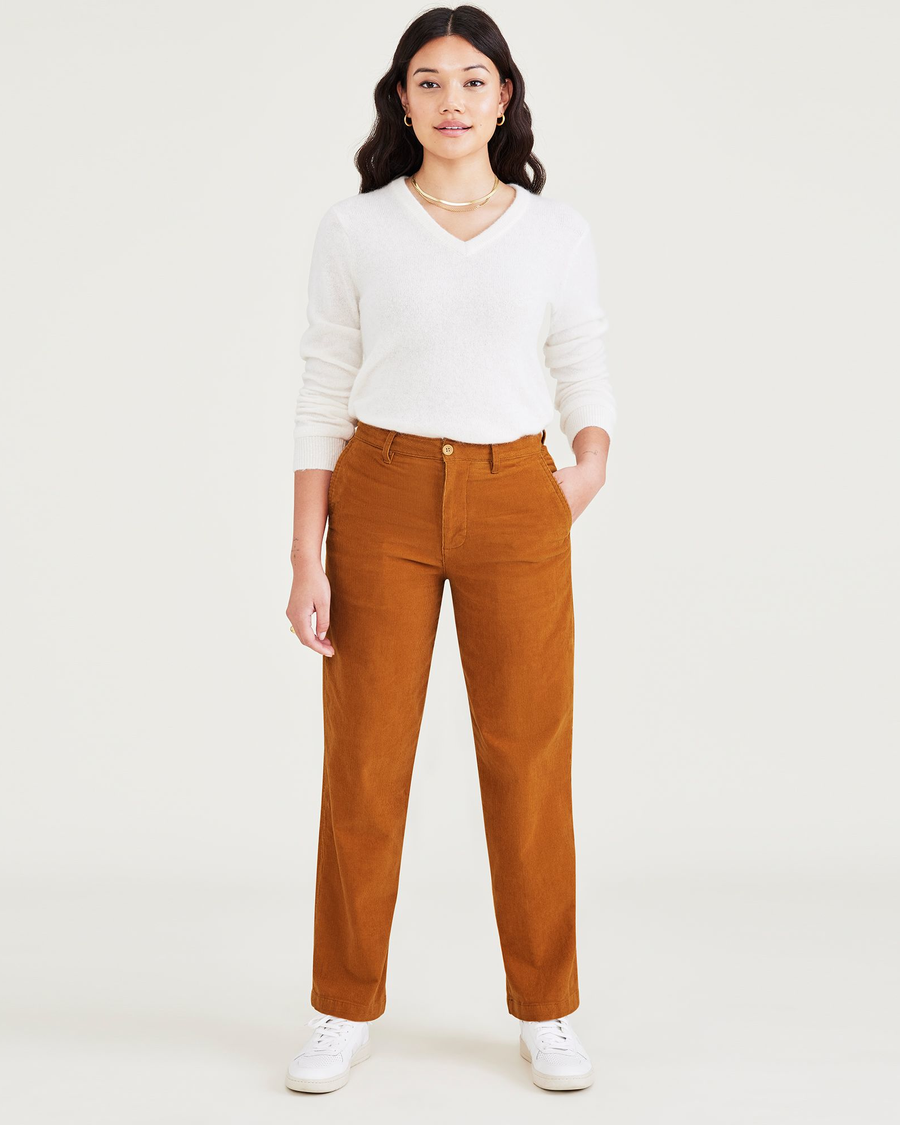 Front view of model wearing Sorrel Women's High Waisted Straight Fit Original Khaki Pants.