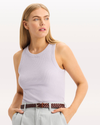 View of model wearing Thistle Rib Tank with Loft Knit, Slim Fit.