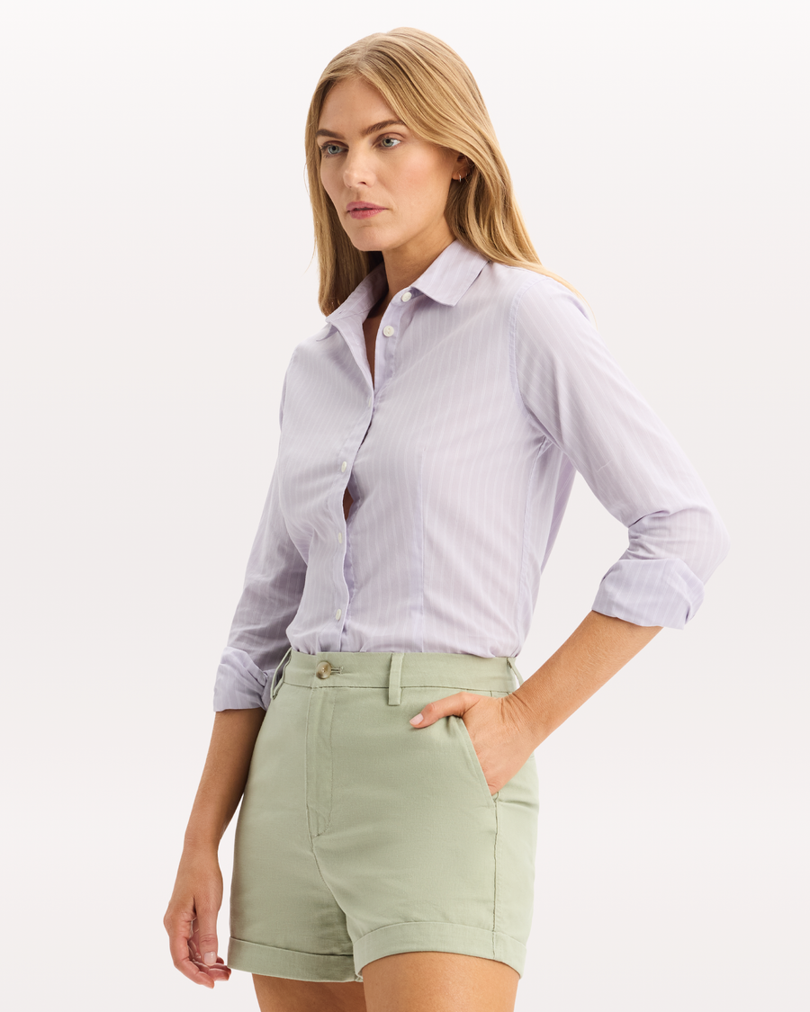 View of model wearing Thistle Stripe Signature Shirt with Stain Defender®, Slim Fit.