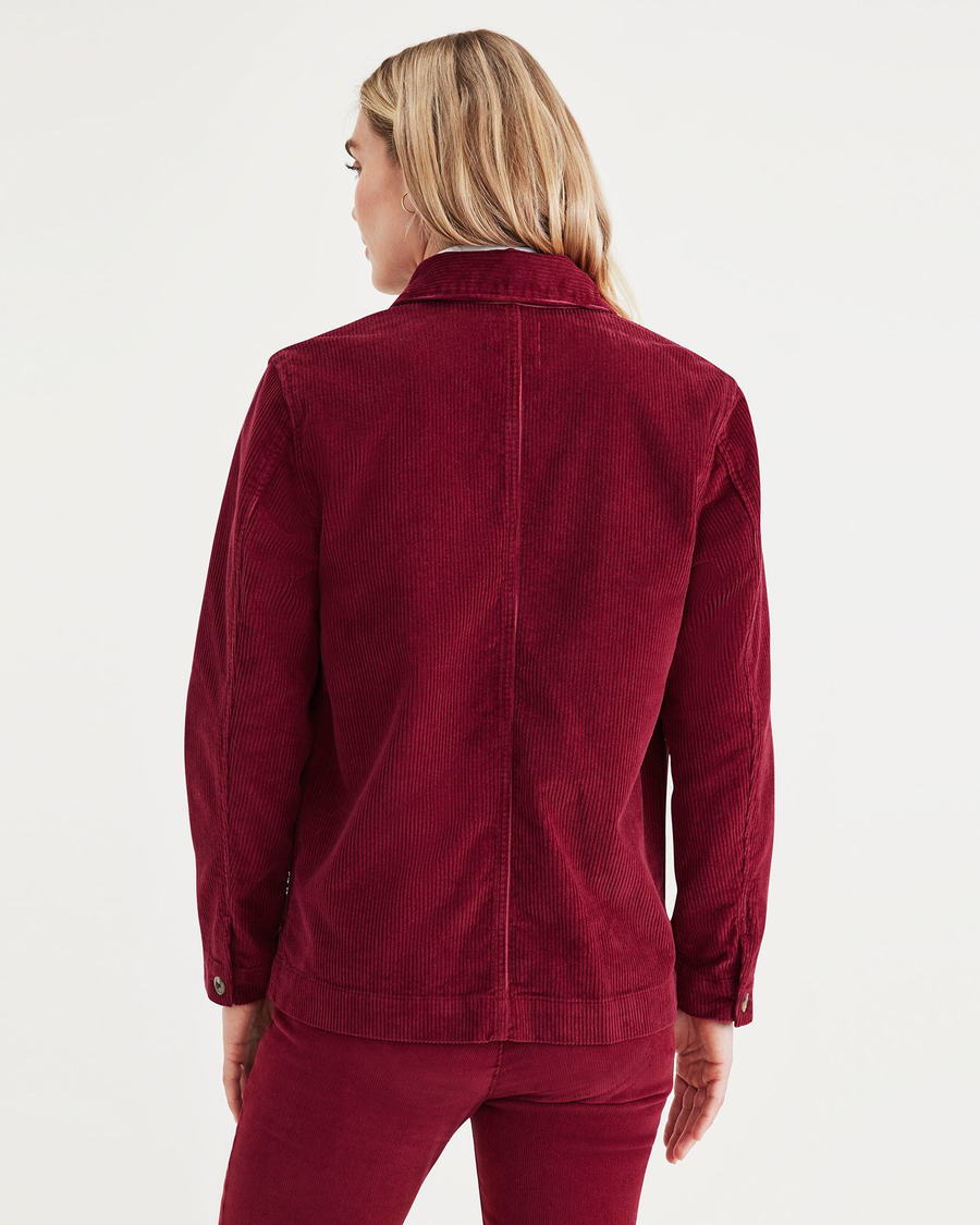 Back view of model wearing Tibetan Red Women's Regular Fit Chore Jacket.