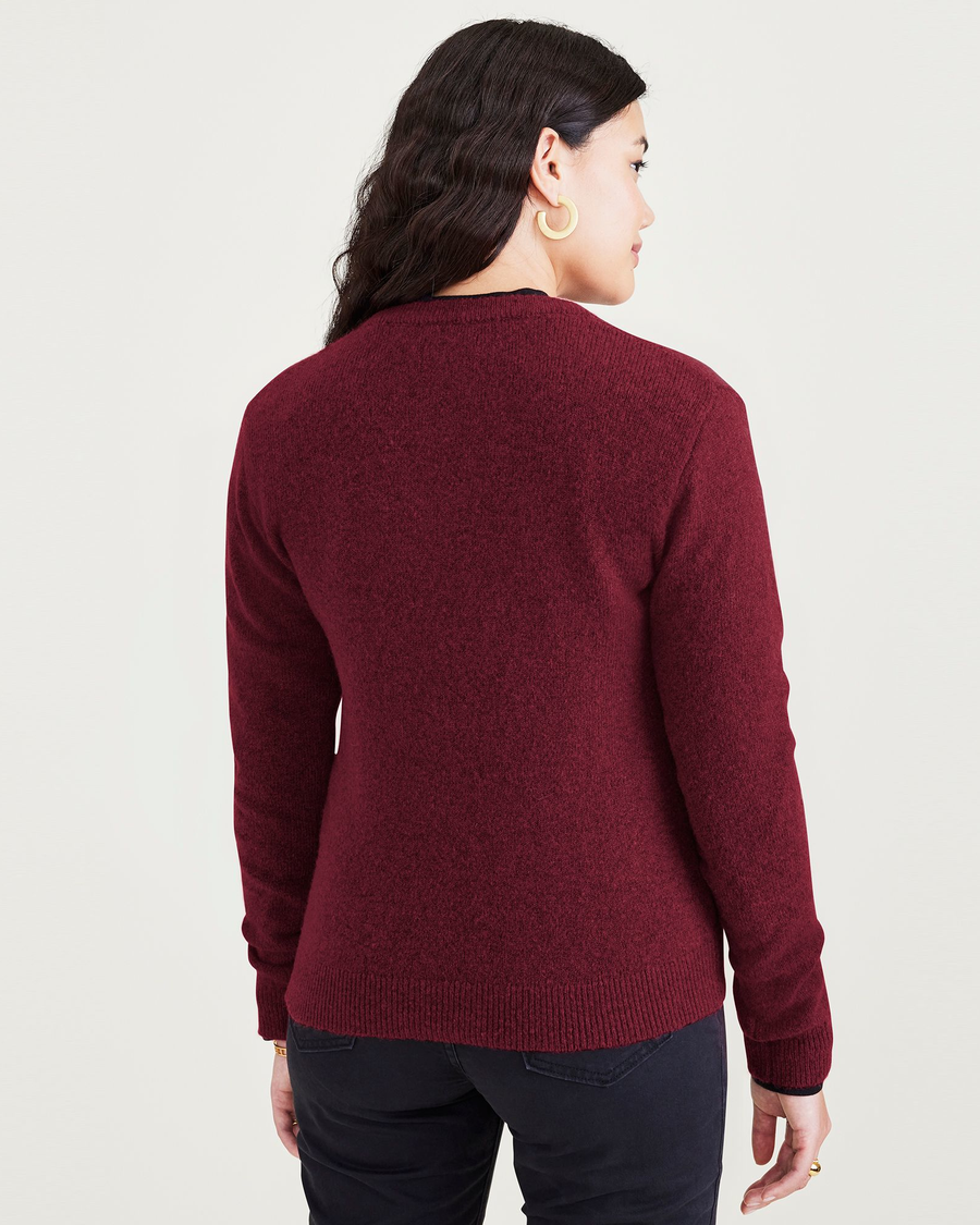 Back view of model wearing Tibetan Red Women's Regular Fit V-Neck Sweater.