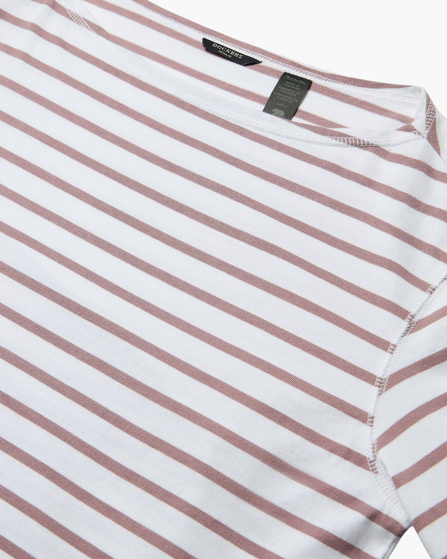 View of model wearing Toadstool Boatneck Tee, Regular Fit.