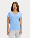 Front view of model wearing Vista Blue Favorite V-Neck Tee Shirt, Slim Fit.