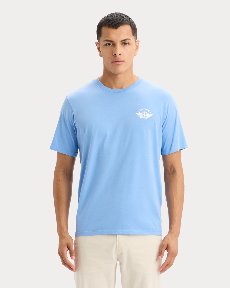 View of model wearing Vista Blue Graphic Tee, Regular Fit.