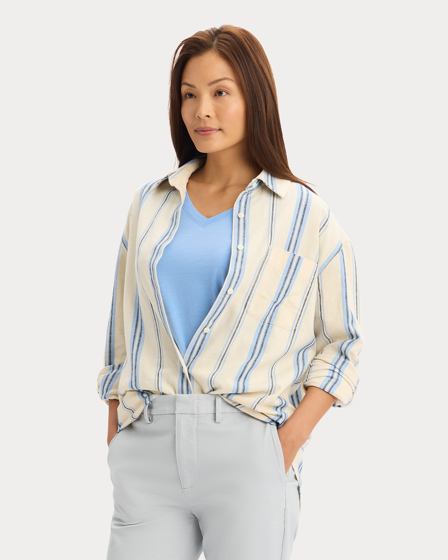 View of model wearing Vista Blue Relaxed Shirt.