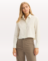 View of model wearing Water Lily Boxy Cropped Shirt, Relaxed Fit.