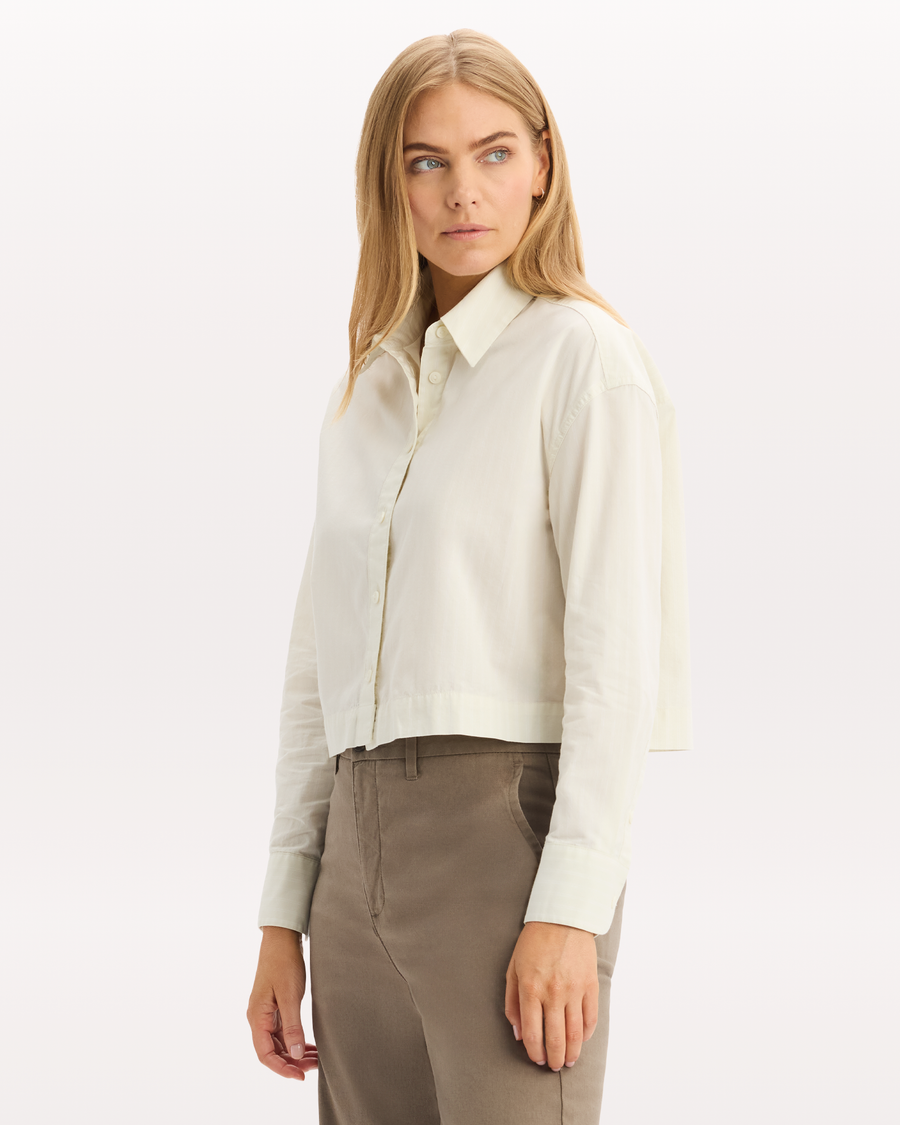 View of model wearing Water Lily Boxy Cropped Shirt, Relaxed Fit.